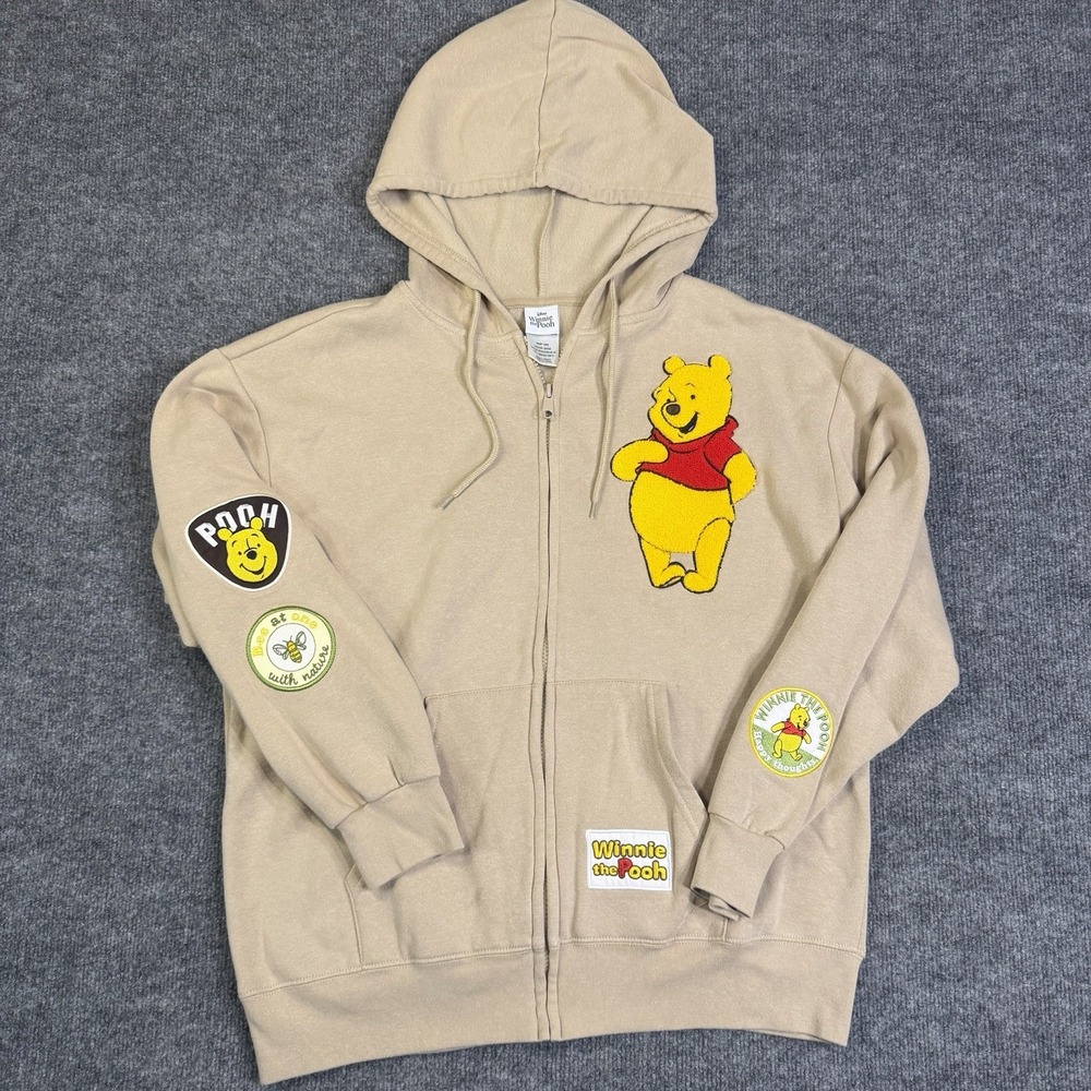 Disney Winnie The Pooh Hoodie Womens Extra Large Beige Full Zip Graphic Patch